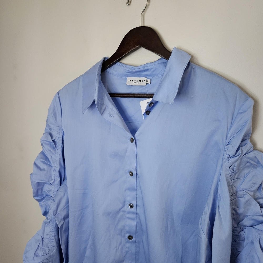 Harshman Blouse Juliana Light Blue Ruffled Sleeve Button-Up Shirt Cotton Classic - Picture 3 of 13